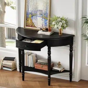 [Fahuac] Rustic Farmhouse Half Moon Pedestal Console Table with Drawer and Shelf - Space-Saving Accent Table for Entryway, Living Room
