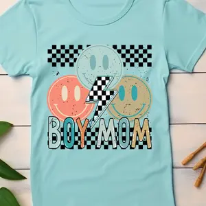 Boy Mom Smiley Face with Black Check Direct To Film Print DTF Print Ready To Press for T-Shirts Colorful Design with Smileys and Checkers