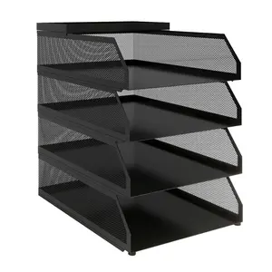 3-Tier Stackable Mesh Desk File Organizer, Black Metal Document Tray with Top Shelf, Office Paper Holder for Letters, Folders & Supplies
