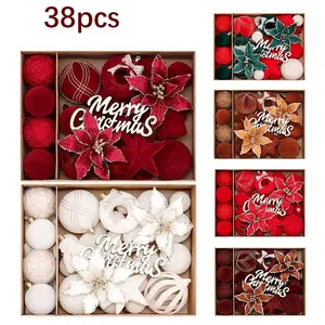 38 Pieces Multi-Size Velvet Christmas Ornaments, Vintage Velvet Christmas Balls and Flower Set for Tree Decoration, Christmas Ornaments, Holiday Decorations, Seasonal Home Decor, Classic Holiday Style, Premium Christmas Balls
