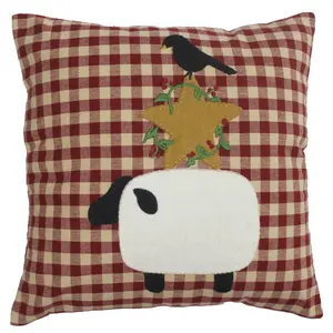 Country Stack Pillow - Plush Design with Black Sheep and Gold Star, Featuring Bird and Holly Accents, Red and Beige Checkered Pattern
