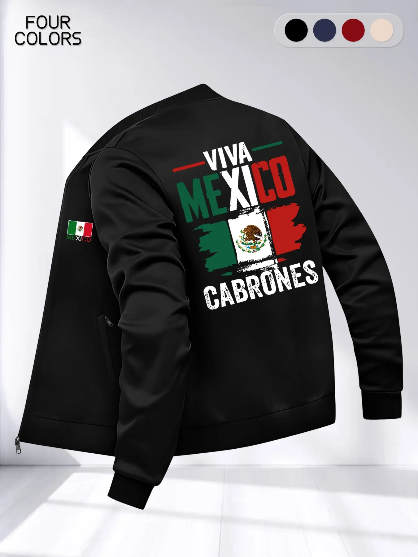 Men's Baseball Collar Jacket Coat, Street Fashion Style Mexican Letter Print Design, Zipper Dual Pockets Casual Chic Outerwear, Long Sleeve Loose Fit