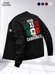 Men's Baseball Collar Jacket Coat, Street Fashion Style Mexican Letter Print Design, Zipper Dual Pockets Casual Outerwear, Long Sleeve Loose Fit