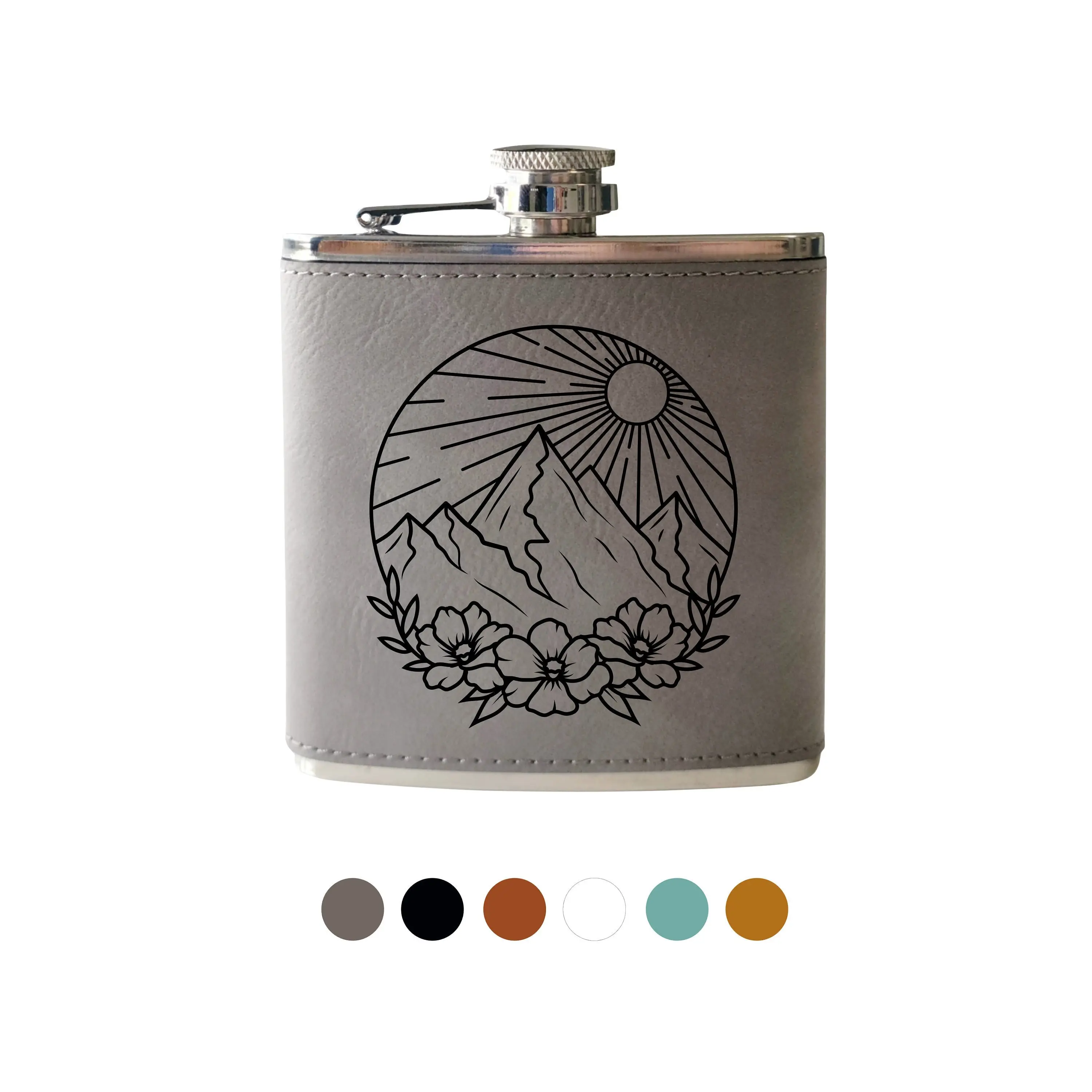 Mountain floral Flask- Nature, hiking, camping gift. Hip flask, Engraved Drinkware hip flask stainless steel