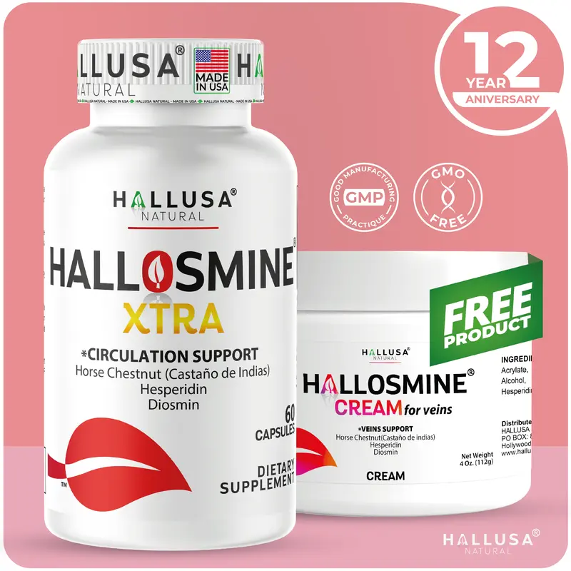 HALLUSA NATURAL HALLOSMINE XTRA Edible Botanical Extract GMP Certified Capsules (60 Count) + FREE Vein & Blood Flow Control Cream with Diosmin, Horse Chestnut, Hesperidin, Vitamins, Menthol, Camphor, Sugar-Free for Youth Fitness