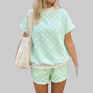 Viral Dopamine Polka Dot 2-Piece Loungewear Set, Mock Neck Color Block Short Sleeve Shirt & Elastic Shorts, Soft Stretchy Fabric, Must-Have Summer Casual Outfit for It Girls