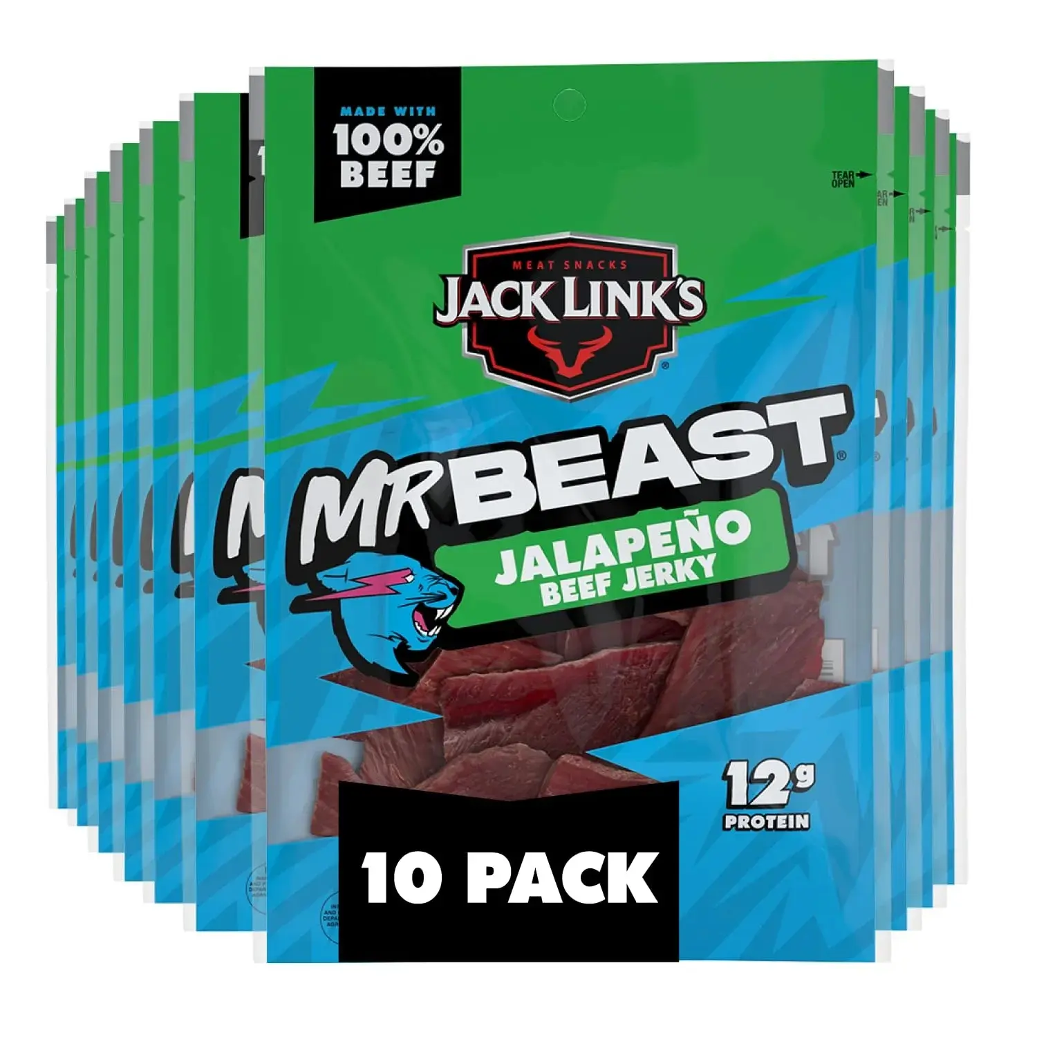 Jack Link’s x MrBeast Jalapeno Flavor High Protein Real Beef Jerky Multipack - 1.25 oz Dry Portable Dried Meat Snack Bags, Beef Jerky with Bold Flavors, Pack of 10 for Adults