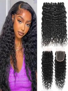 3 Bundles Water Wave Human Hair Bundles with 5x5 Closure, 100% Real Human Hair Water Wave Bundles with HD Lace Closure Unprocessed Brazilian Virgin Hair Wet and Wavy