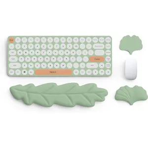 F-KBB06  Keyboard Wrist Rest Pad Set, Leaf Shape PU Leather Memory Foam Wrist Cushion Support,Mouse Wrist Rest Pad,Non-Slip Wrist Support for Easy Typing Pain Relief, Green Leaf