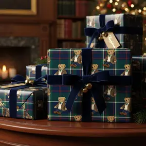 Plaid Teddy Bear Wrapping Paper, Vintage Tartan Christmas Gift Wrap, Preppy Luxury Holiday and Baby Gift Wrap