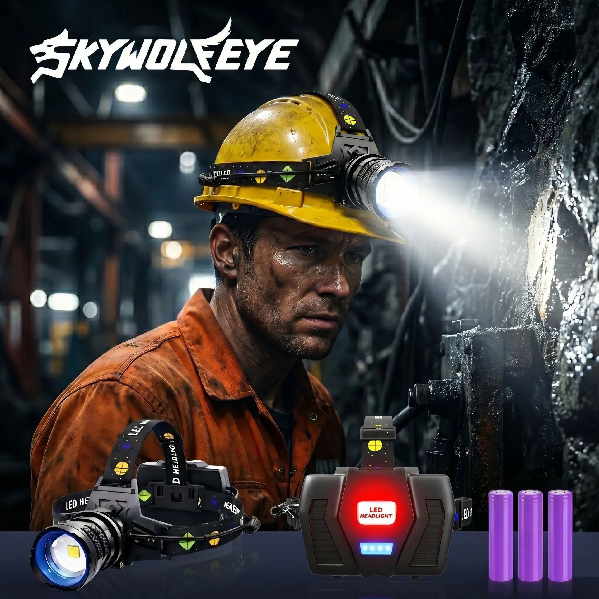 SKYWOLFEYE 30W Ultra-Bright Professional Headlamp, Impact-Resistant Aluminum & ABS Body, Zoomable Hard Hat Light with 3x18650 Batteries, Type-C Rechargeable with USB Output Power Bank
