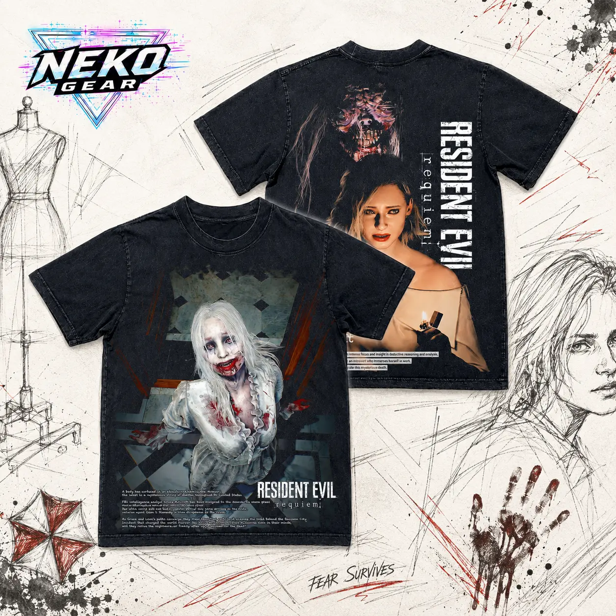 Neko Gear Menswear Resident Evil Requiem Survival Horror Game Graphic Washed T-Shirt, Black Cotton Crew Neck Streetwear Tee