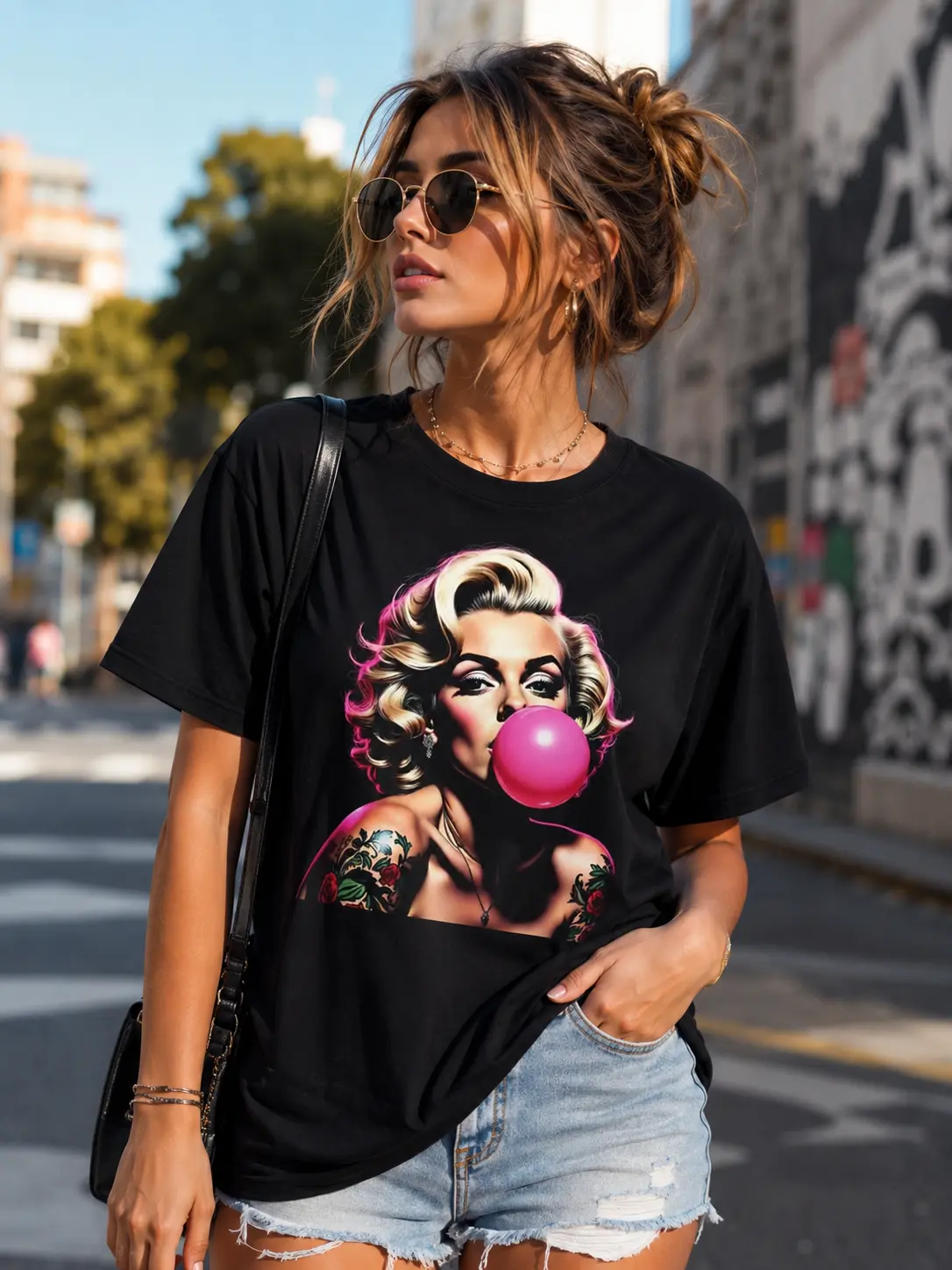 Women's Vintage Pin-Up Tattoo Graphic T-Shirt, Soft Cotton Crewneck Clothes, Short-Sleeve Streetwear with Bubblegum Design, Yarn Fabric Casual Summer Top, Ideal for 2 Usage Scenarios and Gifting