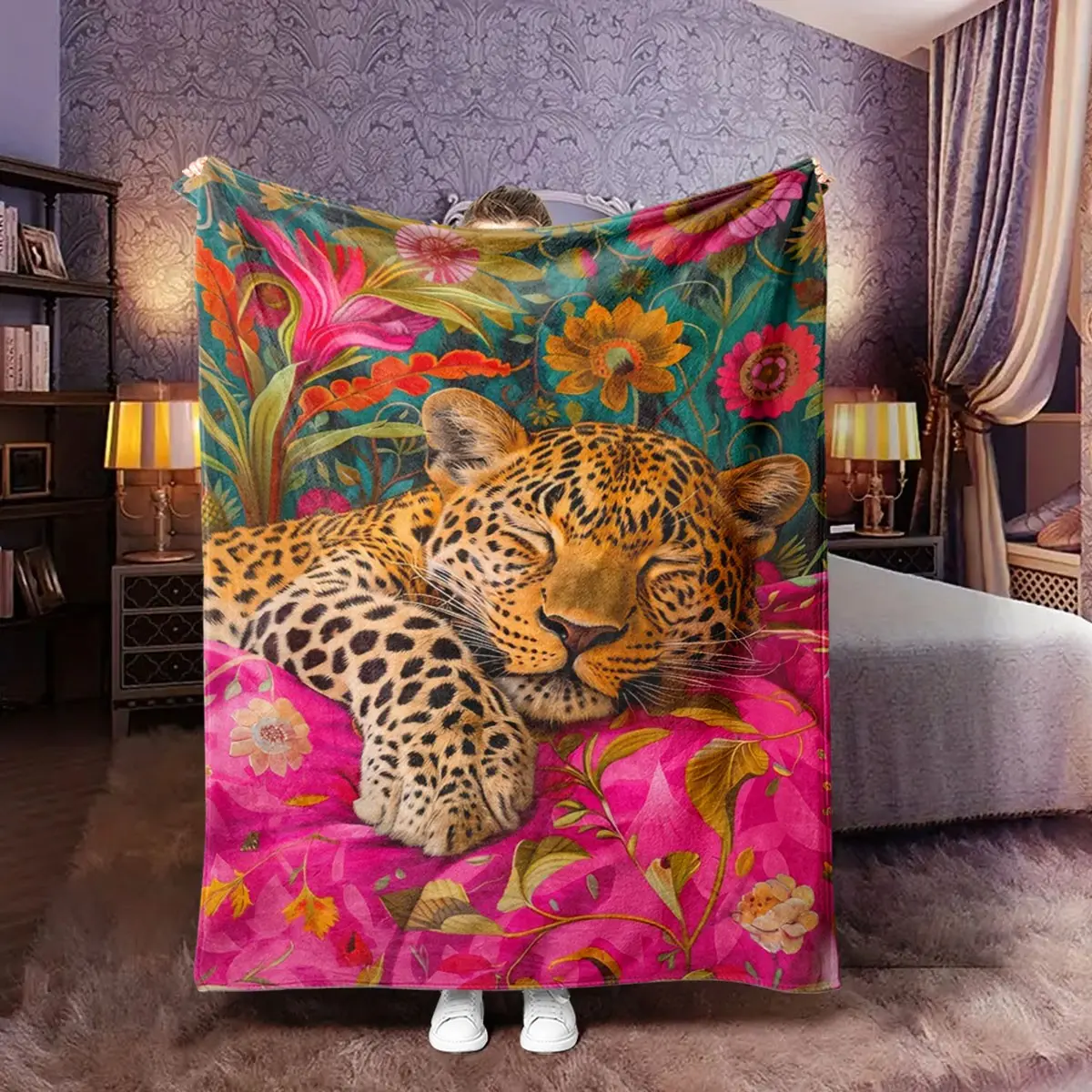 Vibrant Floral Leopard Fleece Blanket with Exotic Design, Soft and Portable Small Size Throw for Desktops and Gifts, Unique Home Decor, Leopard Print Blanket