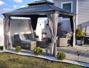Alexander 10' x 12' Hardtop Gazebo, Aluminum Frame with Galvanized Steel Double Roof, Outdoor Permanent Pavilion with Curtains and Netting for Patio, Backyard, Deck, Lawn (Gray)