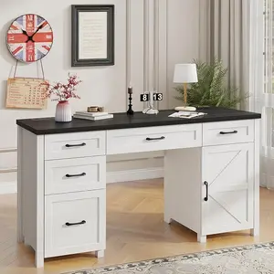 Vabches Farmhouse 61'' Executive Desk with 5 Drawers, Rustic Office Desk Computer Desk with Charging Station, File Drawers and Storage Cabinet, Wood Workstation for Home Office and Study