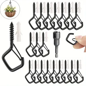 20 stainless steel screw hook sets, with safety lock, screwdriver with winged nut handle and black screw hook, suitable for bird feeders, lanterns and cups.