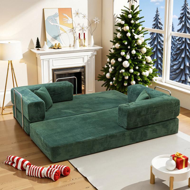 78.7'' Convertible Sleeper Sofa Bed with Cylindrical Pillow Corduroy Folding Mattress Couch Fixed-Shape Frame for Living Room Bedroom Studio Fully Assembled