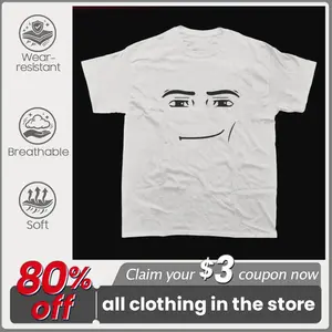 Smug Roblox Man Face Meme Graphic T-Shirt, Minimal Black Line Art Funny Troll Face Print Casual Short Sleeve Tee, Viral Internet Meme Street Wear Apparel, Soft Breathable Cotton Daily Wear Top For Men Women Meme Fans Gift