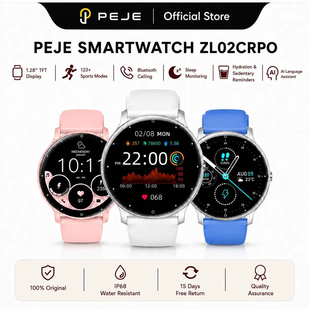 PEJE Smart Watch ZL02CPRO, 1.28" Touch Screen Smartwatch with Bluetooth Calling, AI Voice Assistant, 123 Sports Modes, Heart Rate Monitoring, Hydration Reminder, Sleep Mode, IP68 Water Resistant Fitness Watch for iOS Android make call,work
