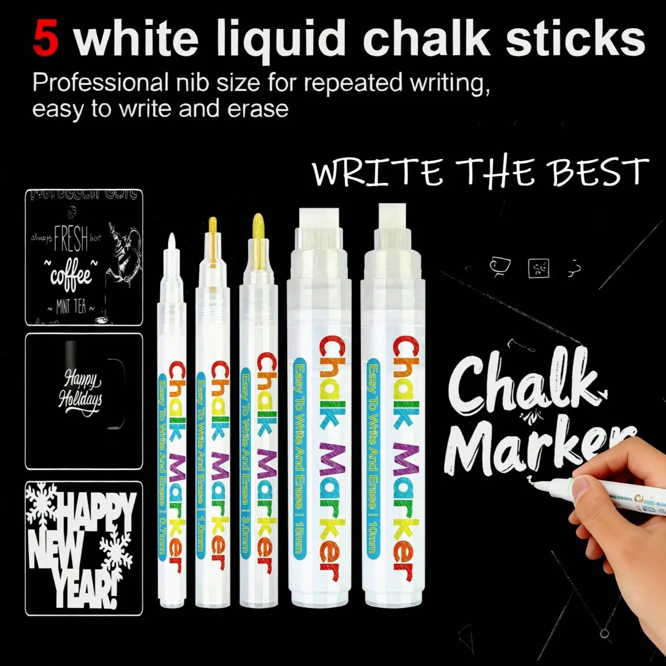 5pcs/set Professional Liquid Chalk Markers, Dust-Free Water-Based Chalk Pens, 5 Different Tip Sizes, Versatile Use for Advertisements & Chalkboards, Writing Stationery