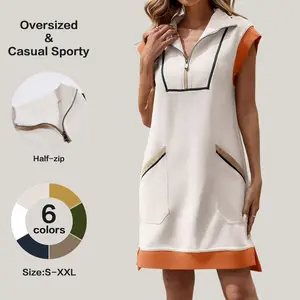 Fisoew Women's Summer Sleeveless Mini Dress Casual Half Zip Cap Sleeve Contrast Loose Sweatshirt Dresses