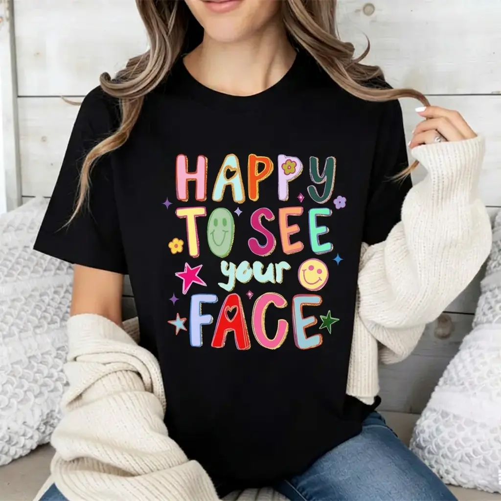 Lady's Oversized Short-Sleeve Printed Graphic T-Shirt - Non-Textured, Happy To See Your Face Design, Groovy Retro Smiley Floral, Teacher Apparel for Spreading Positivity Kindness, Casual Womenswear Fit
