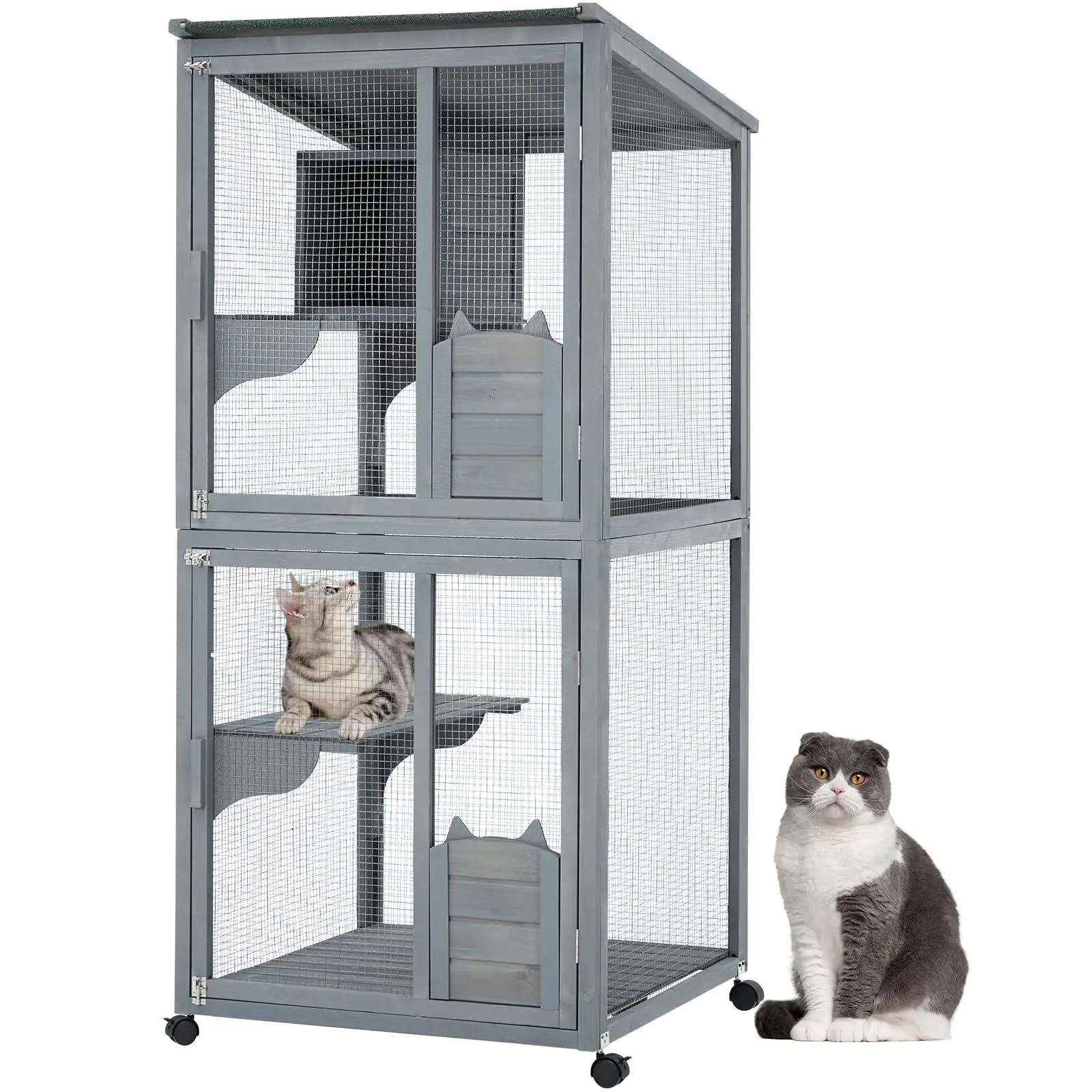 GARVEE 69" Wooden Catio Outdoor Cat Enclosure, Indoor and Outdoor Catio with Waterproof Roof and Resting Boxes & Fixable Wheels