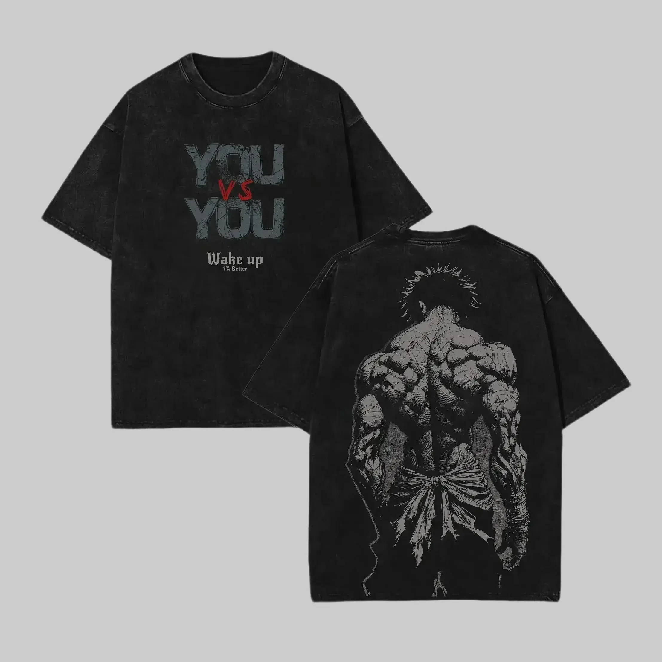 Unisex Oversize Baki Hanma Baki the Grappler Collection Double Printed Vintage Washed Heavyweight Cotton Tank Top, Mens Short-Sleeve Tshirt
