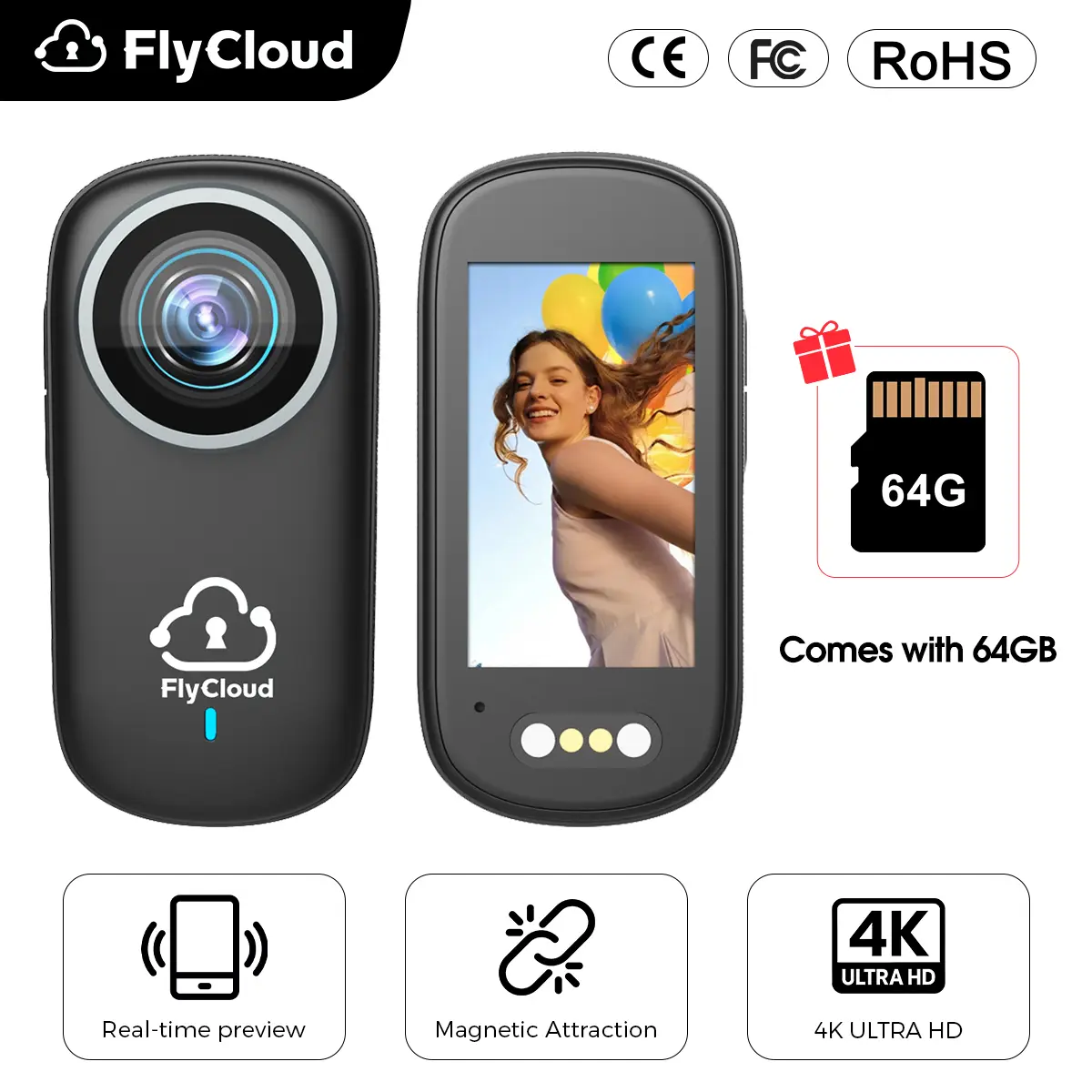 FlyCloud M11 4K Ultra HD Mini Magnetic Thumb Action Camera - WiFi Connection, Built-in Screen, Magnetic Back Clip, Necklace/Bicycle/Helmet Mounts - Portable Vlogging Camera, Wearable Video Recorder, Vlogging Gear for Outdoor Sports