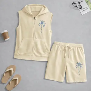 Men's Palm Tree Graphic Sleeveless Hoodie Shorts Set 2 Piece Outfit Tropical Palm Print Zip Up Hooded Vest Drawstring Shorts Summer Casual Gym Workout Streetwear Breathable Lightweight Athletic Lounge Set