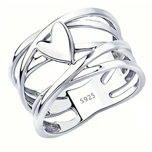 Female 925 Sterling Silver Plated Heart-Shaped Ring - Chic French Style, 925 Stamp Rings, Nickel-Free, Hypoallergenic, Unique Design, Women's Fashion Costume Jewelry, Perfect for Daily & Party Use