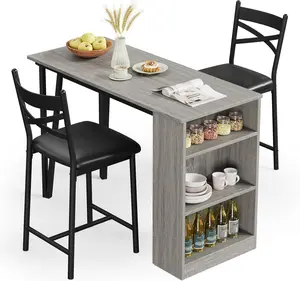 3-Piece Dining Table Set, Counter Height Kitchen Table Set for 2 with 3 Storage Shelves, Expandable Bar Table with 2 Cushioned Chairs for Small Spaces, Apartment