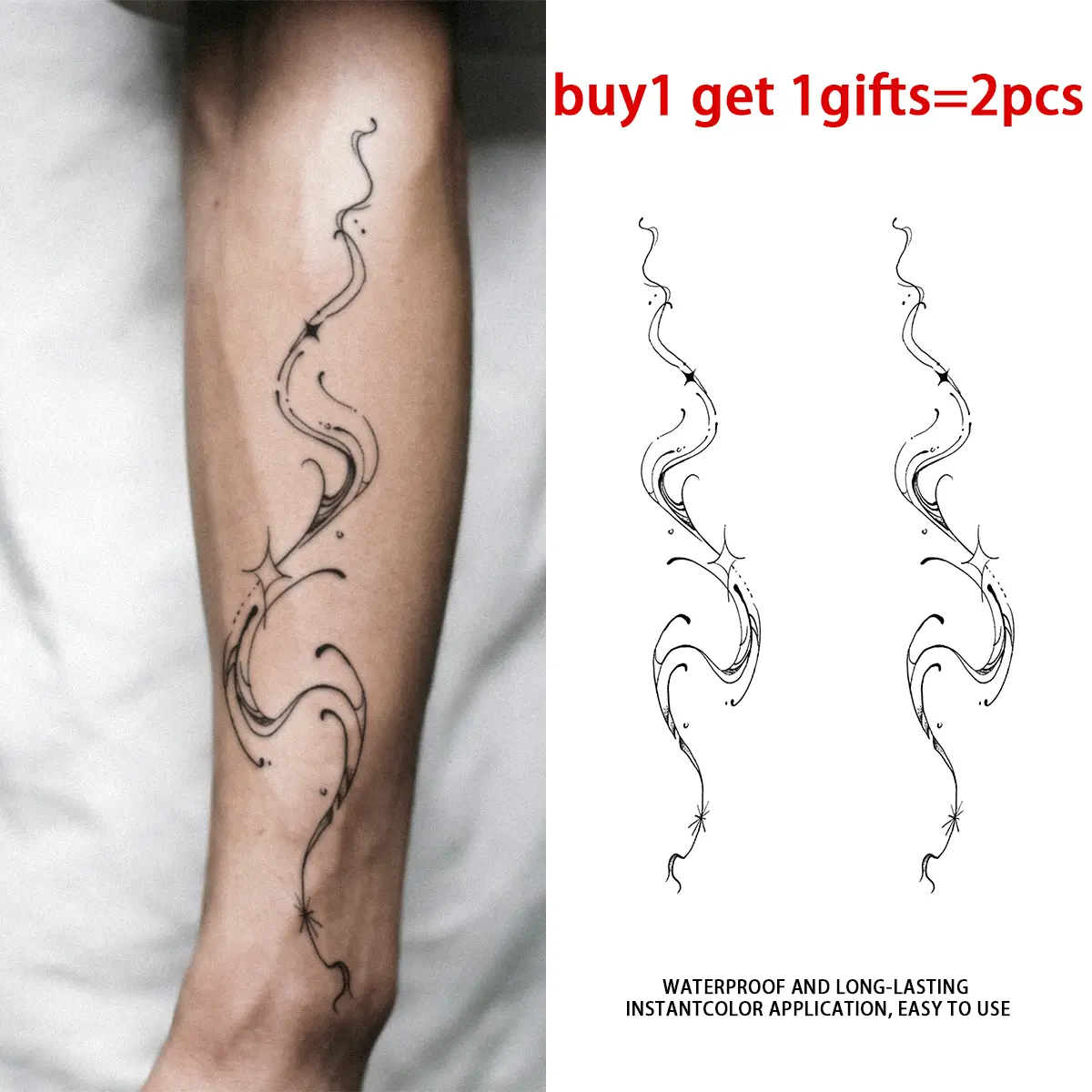 Black Thin Vertical Swirl Wave Star Minimalist Line Temporary Tattoo Stickers 2 Pack, Long Lasting Semi-Permanent Waterproof Abstract Dainty Fake Body Tattoos, Elegant Calf Leg Wrap Streamline Tattoo For Women Men