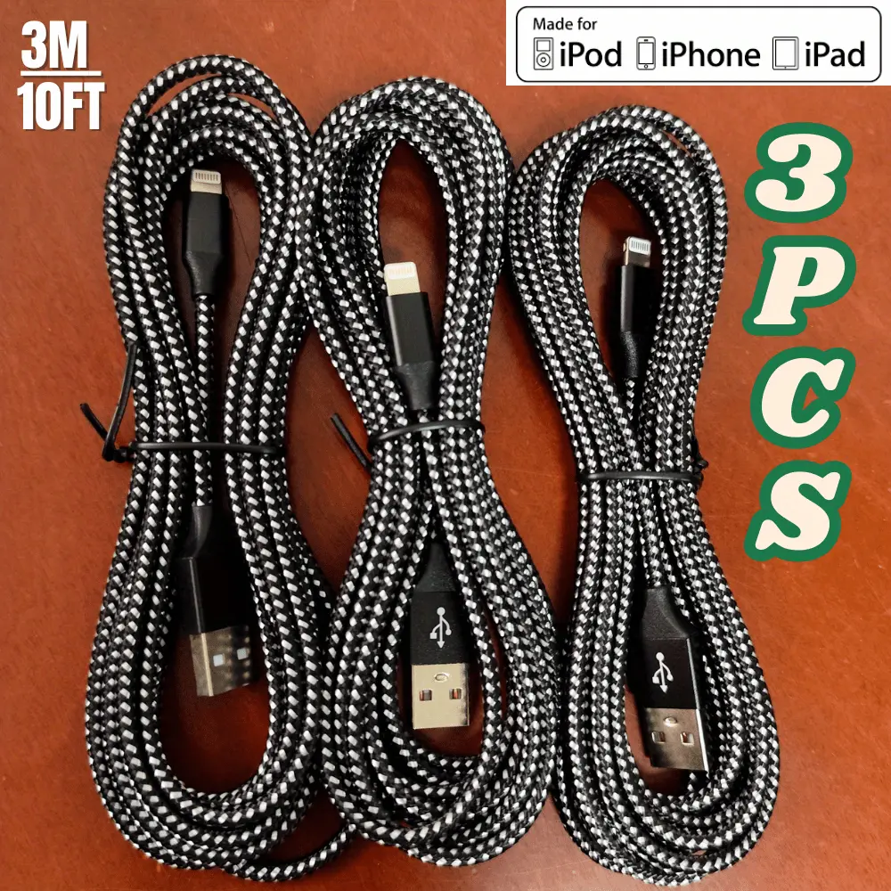 FastFish 3PCS 10FT MFi Certified Nylon Braided USB-A to C Electronic Charging Cable, 2.1-3A Fast Charge, Durable Heavy Duty Sync Cord, Fits iOS Devices iPhone 14-6 Plus, iPad