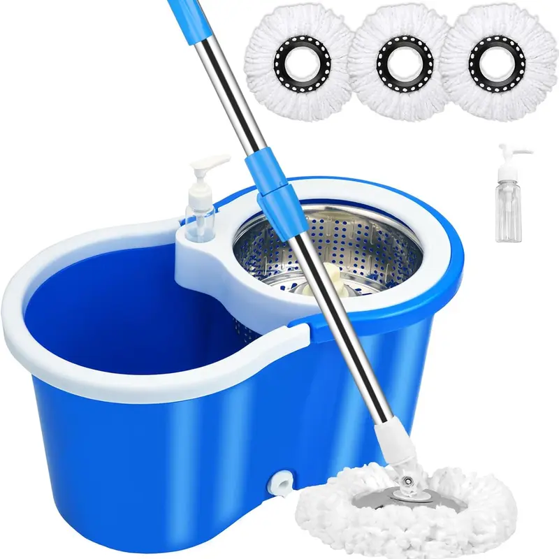 Blue Spinning Mop Bucket Set - Handle Bucket, 39-61in Durable Stainless Steel Long Handle, 1-Hand Operation, Adjustable Size, 3 Absorbent Microfiber Mop Heads Ready, Household Floor Cleaning Supplies Tool