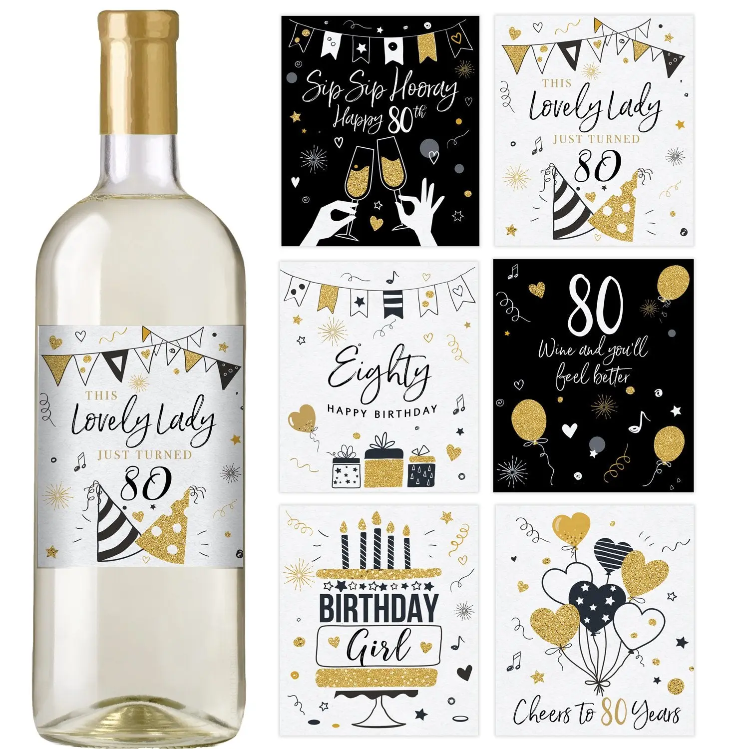 80th Birthday Party Decoration – Waterproof Wine Bottle Labels, Black and Gold (Set of 6)