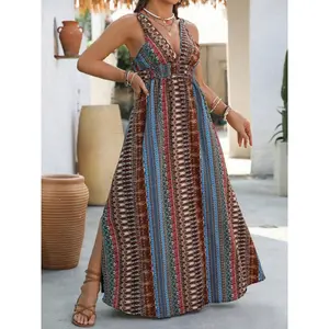 Women's 2026 Spring Summer Bohemian Culturally-Inspired Tummy-Flattering V-Neck Sleeveless Fitted Waist-Cinching Split-Print Long Casual Dress, Fashion Aesthetic Womenswear, Culturally-Inspired Casual Dresses