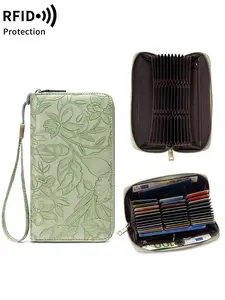 New Plant Printed Women's Zipper Long Wallet, RFID Anti Theft, Organ Style Multiple Slot Card Wallet Wallet, Multi Functional Fashion Large Capacity Handbag, Comes With Wristband, Suitable For Daily Portable Use, Birthday Gift