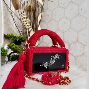 Elegant Handcrafted Crochet Box Bag – Red Statement Piece with Butterfly Design, Gold-tone Chain Strap, and Tassel Accent