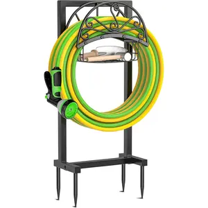 Garden Hose Holder,Heavy Duty Freestanding Detachable Storage Reel Stand,Upgraded 4 Spikes Hose Hanger for Outside Yard Lawn (Floral with Storage Basket)