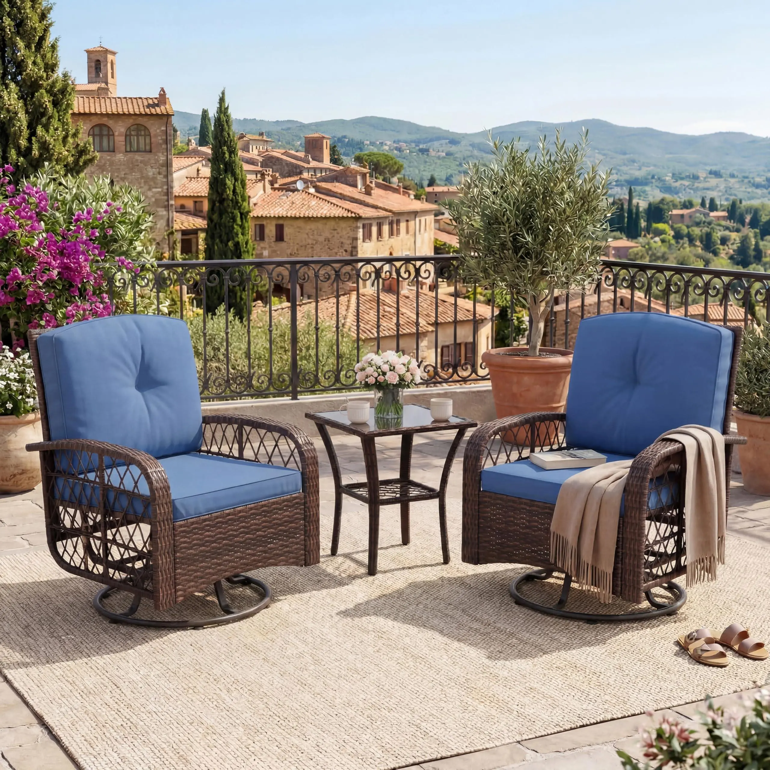 3-Piece Outdoor Patio Furniture Set, Wicker Swivel Rocking Chairs with Thick Cushions and Glass Coffee Table, Backyard & Garden Bistro Rocker Set, Brown+Blue Cushion