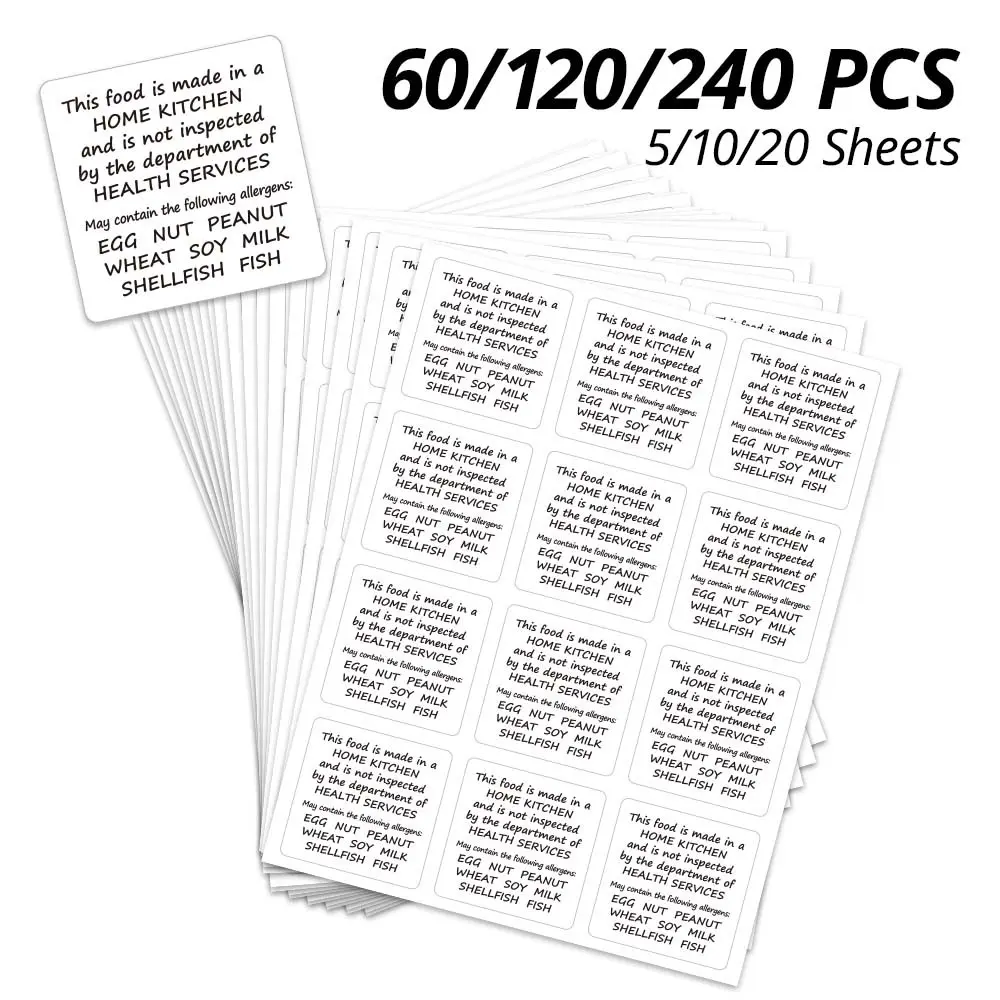 60/120/240pcs Home Made Food Sticky Labels Stickers, Self Adhesive Stickers, Kitchen Labeling, Allergen Warning, Handmade Bread Jam Tags, 3.8x3.8cm, for Home Kitchens, Sticker Packs
