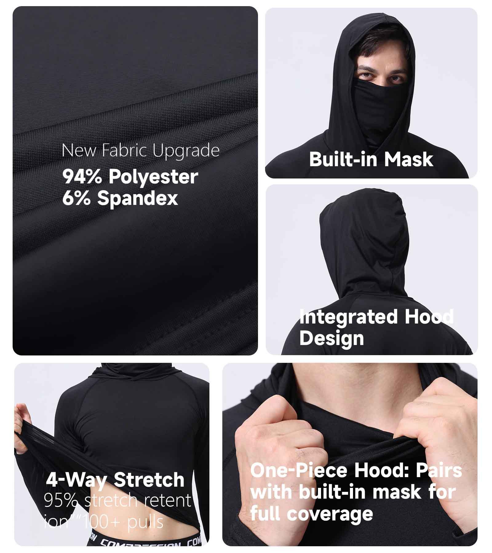 6-Pack Men's Sun Protection Hoodie with Face Mask, Lightweight Breathable Work Shirt for Lawn Mowing Gardening, UV Shield Dust-Proof Athletic Hooded Tee,clothes for back to school,first day of school outfits