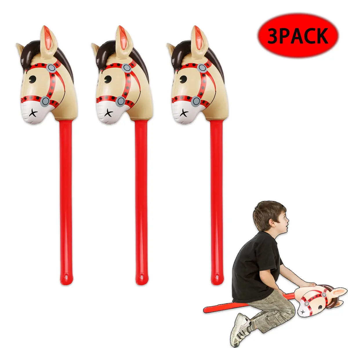 3PCS PVC Inflatable Pony Stick Horse Halloween Costume (37 in, Red) - Lightweight Western Cowboy Party Props for Halloween, Birthday Party Decorations & Gifts