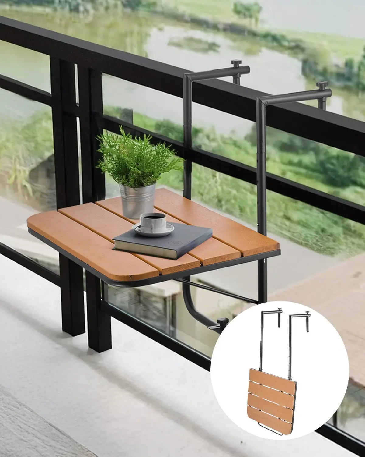 Balcony Hanging Table 25 x 24 In For Outdoor Patio Railing Bar Table Adjustable Mount - Space Saving Steel Frame, Weather Resistant, Lightweight, Easy Assembly, Ideal For Small Outdoor Balconies, Patios, Decks