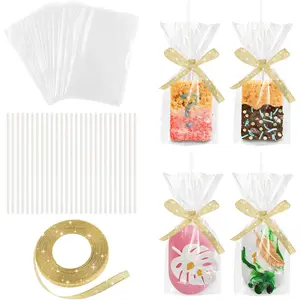 50-Pack Rice Krispy Treats Bags with Stick Kit, Clear Plastic Container for Mini Cakesicles, Marshmallow Square Cake Pops, Crispy Treats Packaging Holder with Gold Ribbon for Weddings, Parties, and Christmas