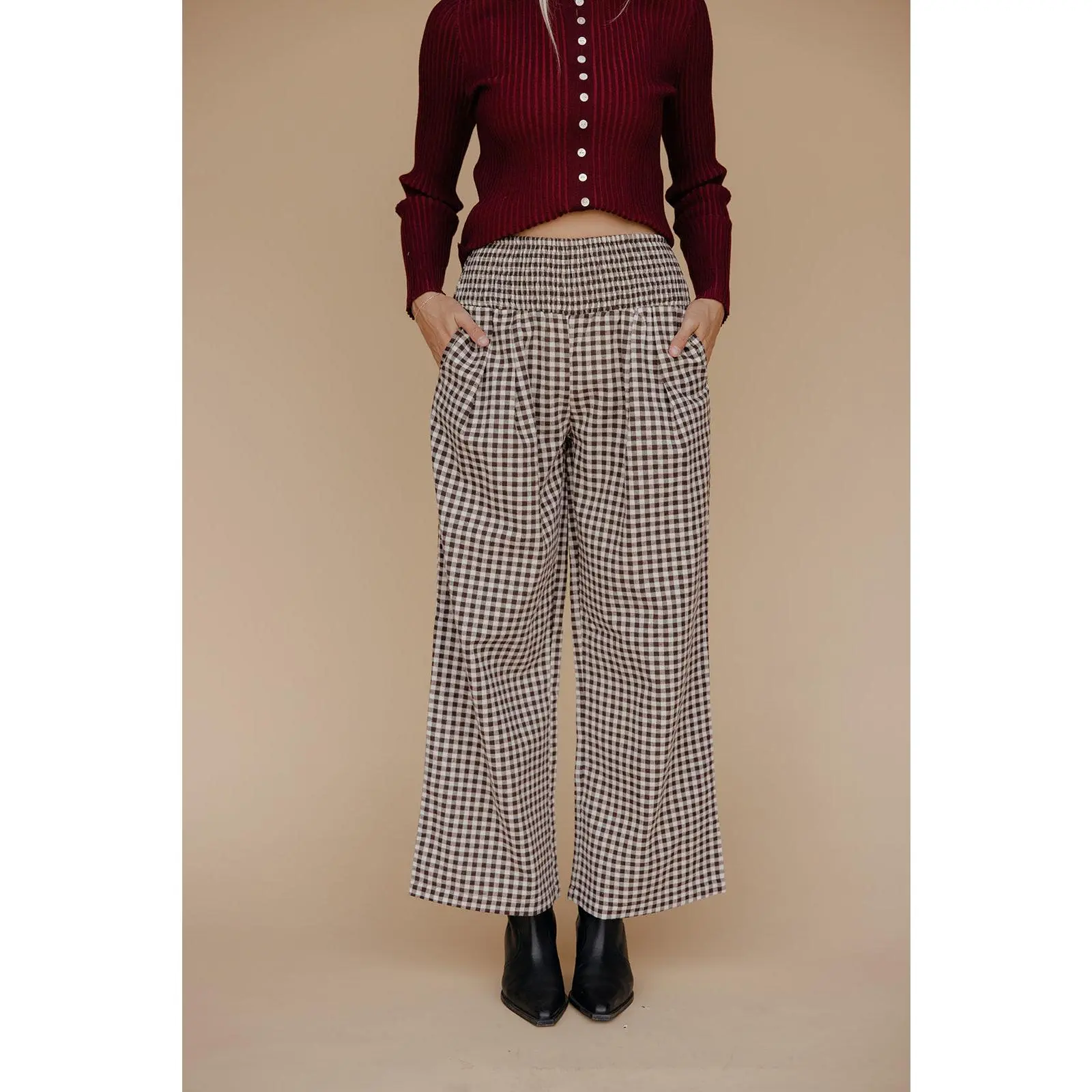 Women's Farmhouse Wide Leg Pants, Preppy Vintage Gingham Smocked Chunky Bottoms, Comfortable