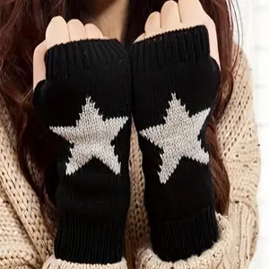 Knitted Imitation Wool Gloves Elegant Half Finger Gloves Geometric Pentagram Fingerless Gloves Autumn Winter Warm Ladies Gloves
