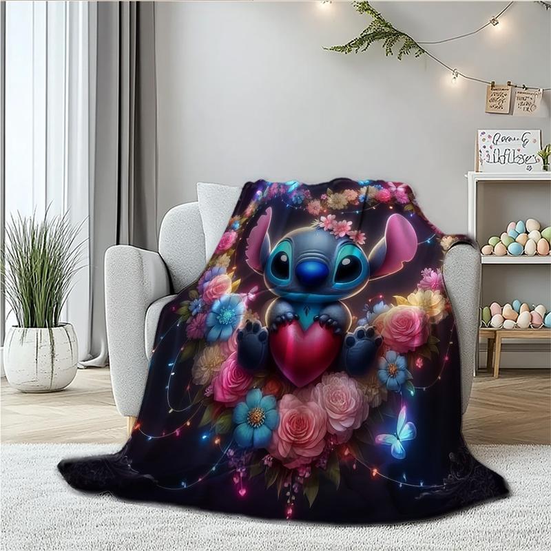Dreamy Neon Stitch Heart Bouquet Flannel Blanket, Dark Base, Neon Light Effect, Blue Rose Hearts, Butterfly Decor, Holiday Gift